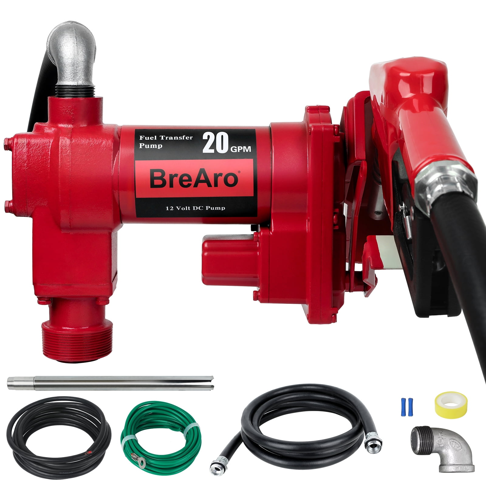 Fuel Transfer Pump 12V 20 GPM with Auto Off Nozzle, Cast Iron Heavy Duty Pump for Gas, Diesel, Kerosene, Biodiesel, Red