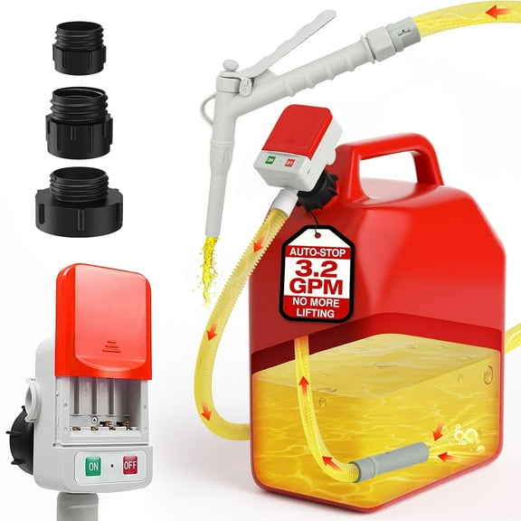 Battery Powered Fuel Transfer Pump, EEEkit Auto Stop Electric Gas Can Tank Pump with 51'' Extra Long Hose Compatible with Lawnmowers