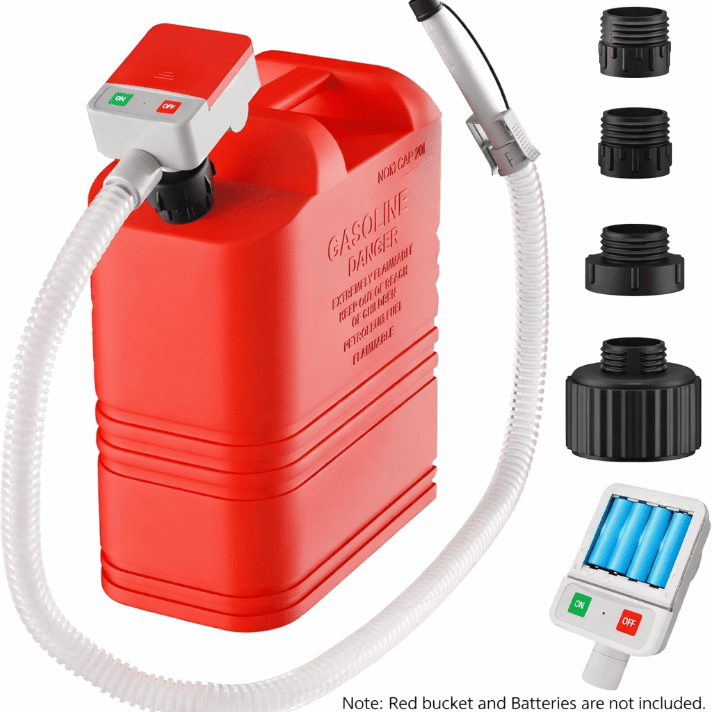 Fuel Transfer Pump for Gas Can with Basic Clip-On Nozzle | Fast 3.2GPM Flow Rate, Long 51” Tube, Easy 4 AA Battery Power & 4 Fuel Can Adapters for Gasoline, Kerosene, Diesel & Non-Potable Water