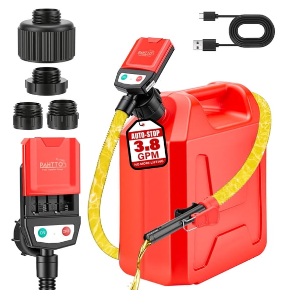 Fuel Transfer Pump with Auto-Stop, Extra Long Hose, Electric Powered, Can Adapters, Fast and Safe Gas Pump for Oil, Diesel and Gasoline