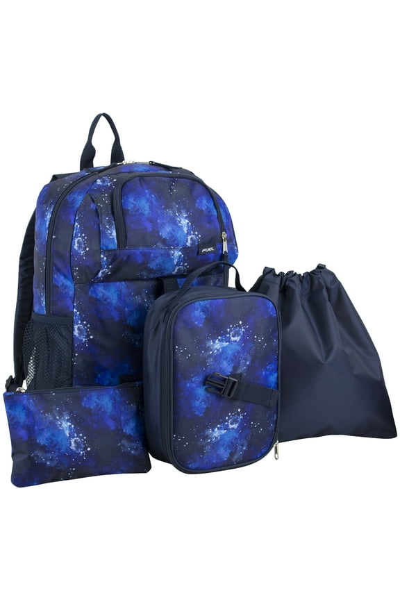 Unisex 4-Piece Combo Backpack with Lunch Box, Storage Case and Shoe Pouch, Blue Galaxy