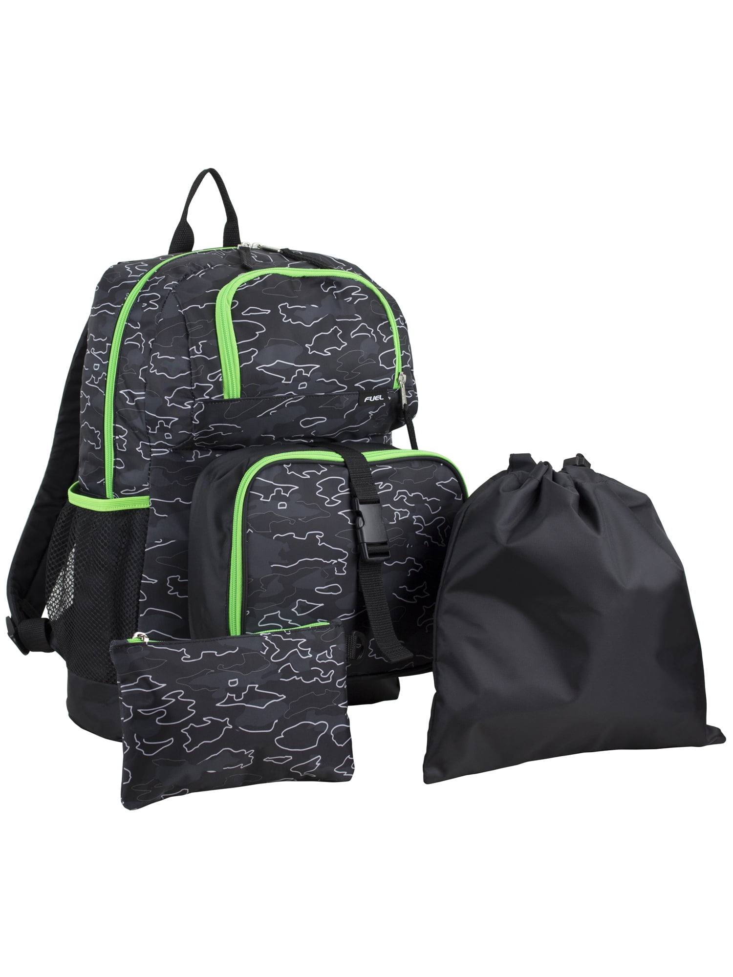Fuel Unisex 4 Piece Combo Backpack with Lunch Box Storage Case and Shoe Pouch Midnight Neon Camoflauge