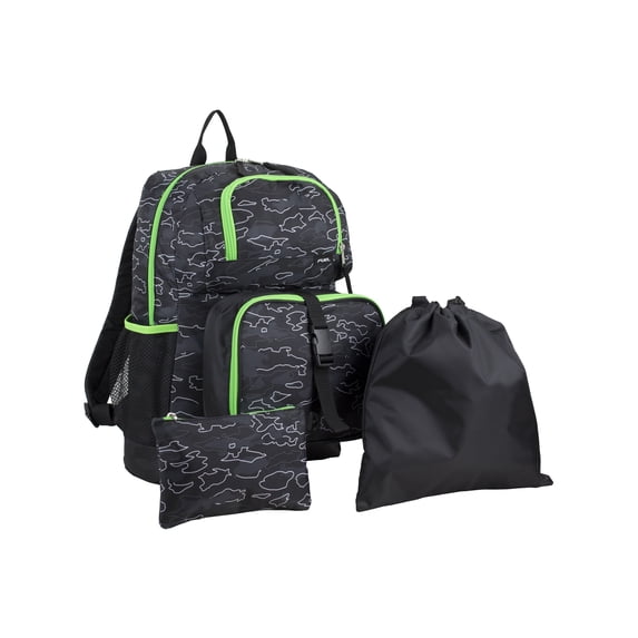 Fuel Unisex 4-Piece Combo Backpack with Lunch Box, Storage Case and Shoe Pouch, Midnight Neon Camoflauge
