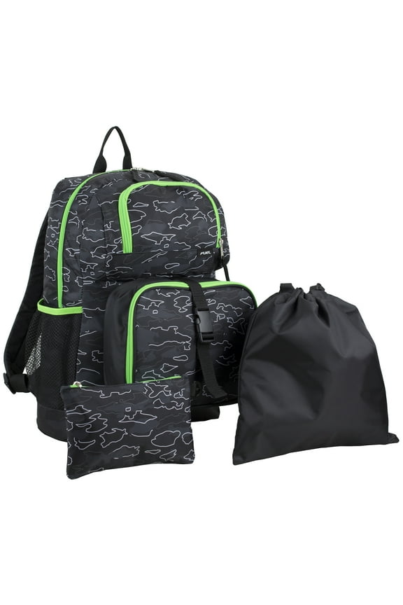 Unisex 4-Piece Combo Backpack with Lunch Box, Storage Case and Shoe Pouch, Midnight Neon Camoflauge