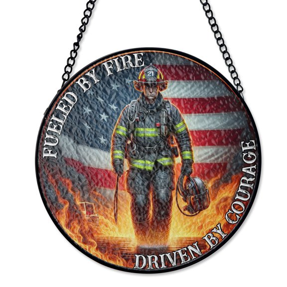 Fueled By Fire Driven By Courage Stained Glass Suncatcher Fireman Appreciation Gift