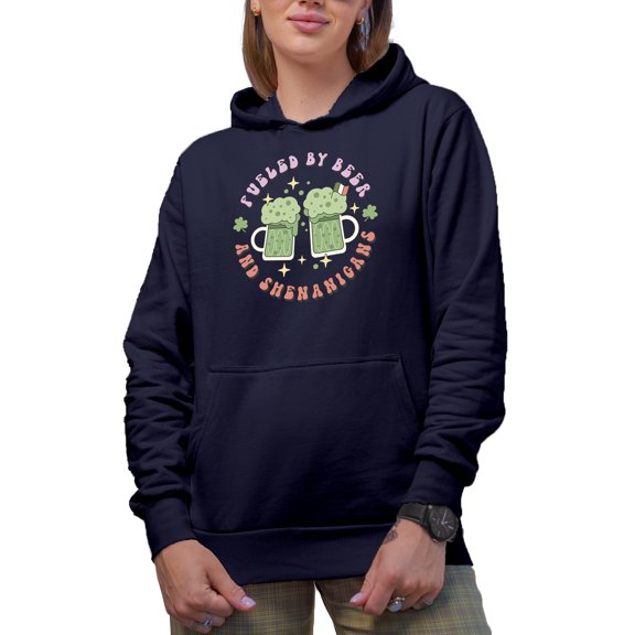 Fueled by Beer and Shenanigans, St. Patrick's Day Gift, Navy Blue Hooded Sweatshirt or Hoodie, Medium