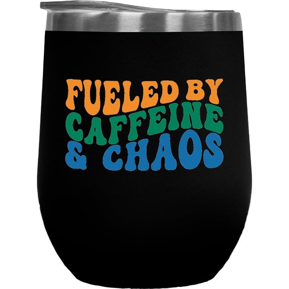 Fueled by Caffeine & Chaos, Events Coordinator Quote, Groovy Retro Wavy Text Merch Gift, Black 12oz Wine Tumbler