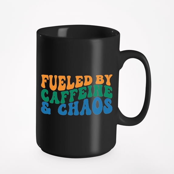Fueled by Caffeine & Chaos, Events Coordinator Quote, Groovy Retro Wavy Text Merch Gift, Black 15oz Ceramic Mug