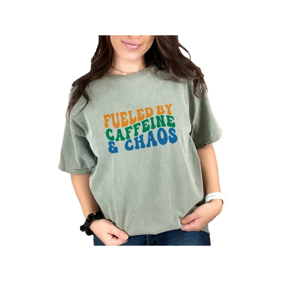 Fueled by Caffeine & Chaos, Events Coordinator Quote, Groovy Retro Wavy Text, Moss Comfort Colors T-Shirt, Small