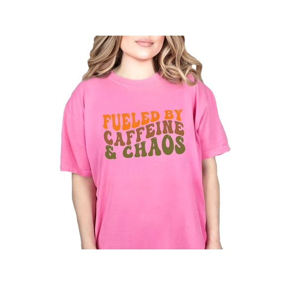 Fueled by Caffeine & Chaos, Sarcasm Quote, Groovy Retro Wavy Text, Crunchberry Comfort Colors T-Shirt, XL