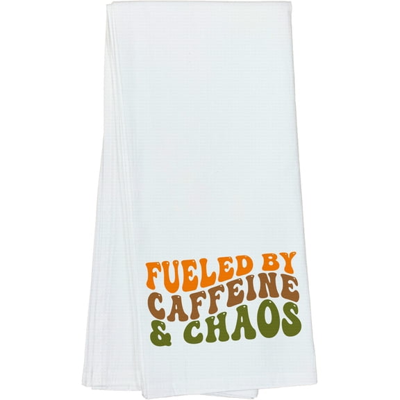 Fueled by Caffeine & Chaos, Sarcasm Quote, Groovy Retro Wavy Text Merch Gift, Dish Towel, 16 x 25 IN
