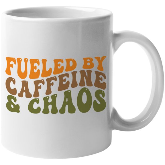 Fueled by Caffeine & Chaos, Sarcasm Quote, Groovy Retro Wavy Text Merch Gift, White 11oz Ceramic Mug