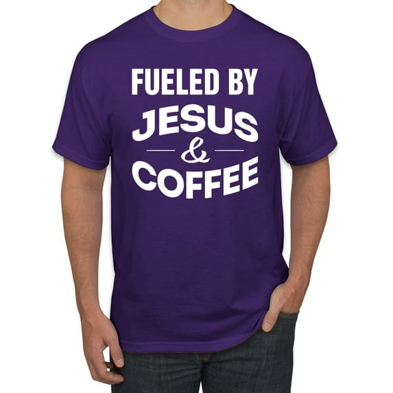 Fueled by Jesus and Coffee Funny Christian | Mens Inspirational/Christian Graphic T-Shirt, Purple, Medium