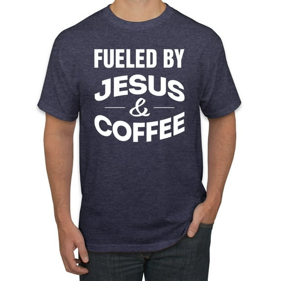Fueled by Jesus and Coffee Funny Christian | Mens Inspirational/Christian Graphic T-Shirt, Vintage Heather Navy, 2XL