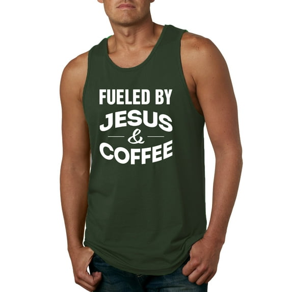 Fueled by Jesus and Coffee Funny Christian | Mens Inspirational/Christian Graphic Tank Top, Forest Green, Medium