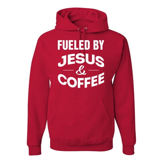 Fueled by Jesus and Coffee Funny Christian | Mens Inspirational/Christian Hooded Sweatshirt Graphic Hoodie, Red, X-Large