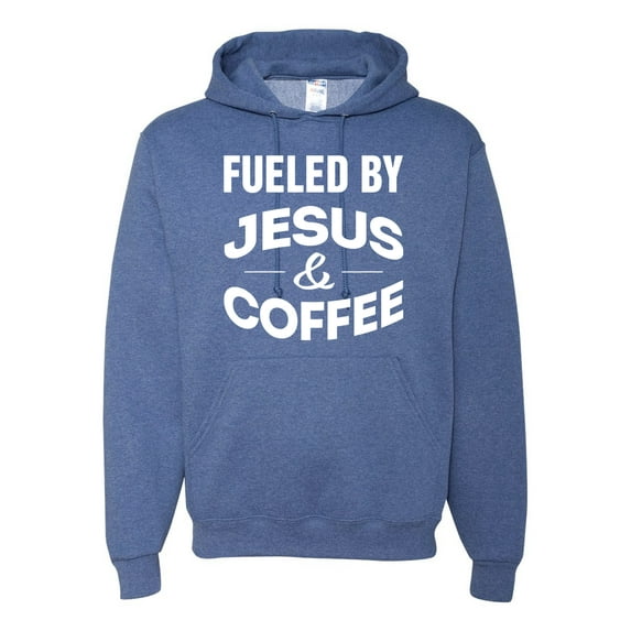 Fueled by Jesus and Coffee Funny Christian | Mens Inspirational/Christian Hooded Sweatshirt Graphic Hoodie, Vintage Heather Blue, Small