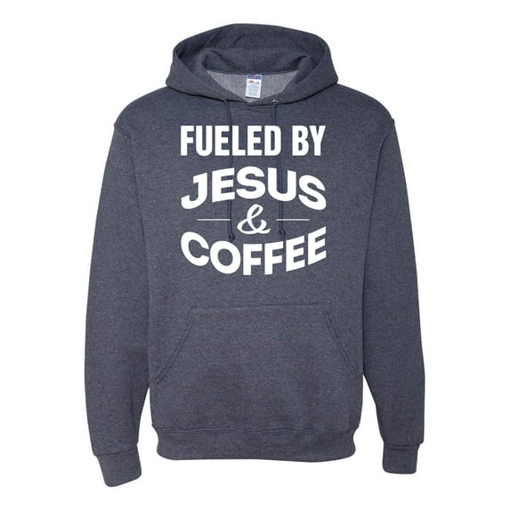 Fueled by Jesus and Coffee Funny Christian | Mens Inspirational/Christian Hooded Sweatshirt Graphic Hoodie, Vintage Heather Navy, Large
