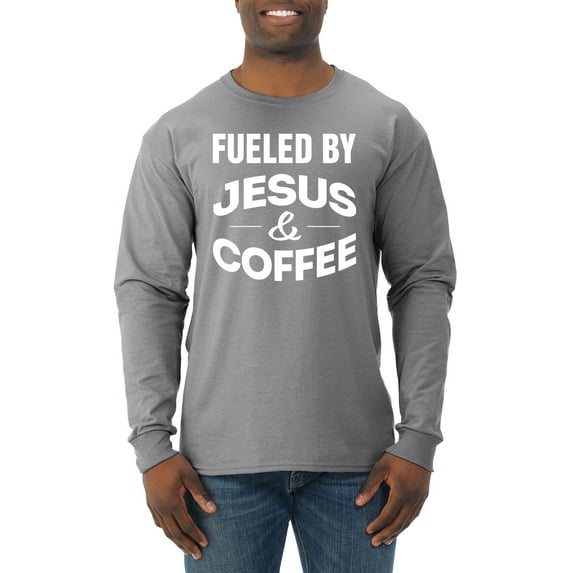 Fueled by Jesus and Coffee Funny Christian | Mens Inspirational/Christian Long Sleeve T-Shirt, Heather Grey, Medium