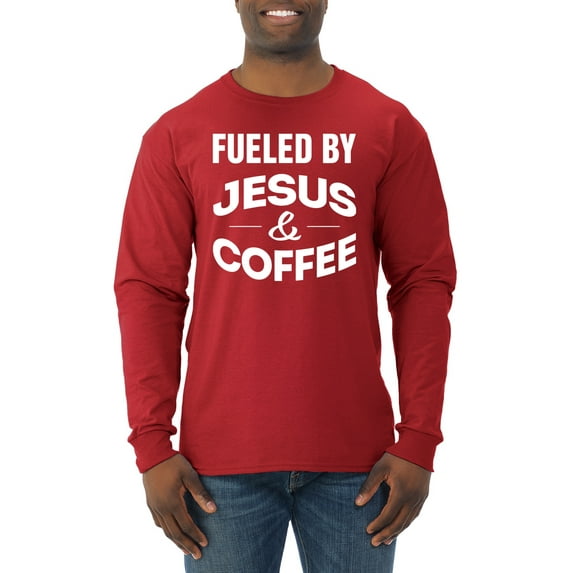 Fueled by Jesus and Coffee Funny Christian | Mens Inspirational/Christian Long Sleeve T-Shirt, Red, Large
