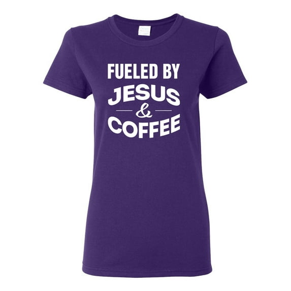 Fueled by Jesus and Coffee Funny Christian | Womens Inspirational/Christian Graphic T-Shirt, Purple, 2XL