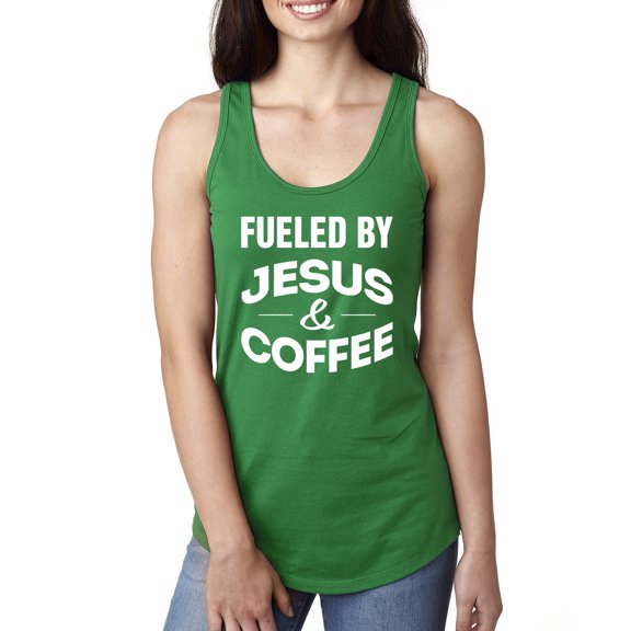 Fueled by Jesus and Coffee Funny Christian | Womens Inspirational/Christian Jersey Racerback Tank Top, Kelly, Small