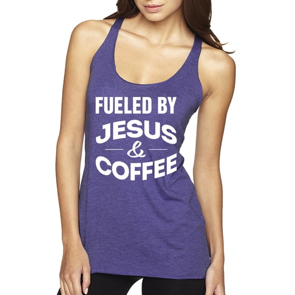 Fueled by Jesus and Coffee Funny Christian | Womens Inspirational/Christian Premium Tri-Blend Racerback Tank Top, Purple Rush, Medium