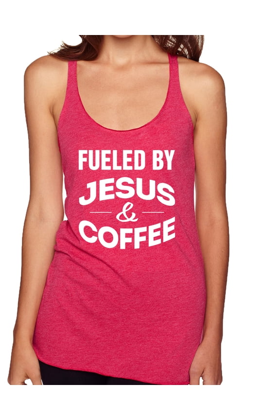 Fueled by Jesus and Coffee Funny Christian | Womens Inspirational/Christian Premium Tri-Blend Racerback Tank Top, Shocking Pink, Large
