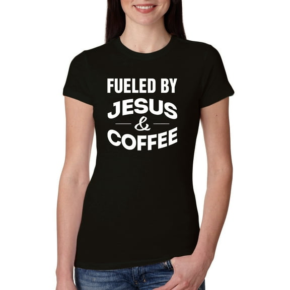 Fueled by Jesus and Coffee Funny Christian | Womens Inspirational/Christian Slim Fit Junior Tee, Black, Medium