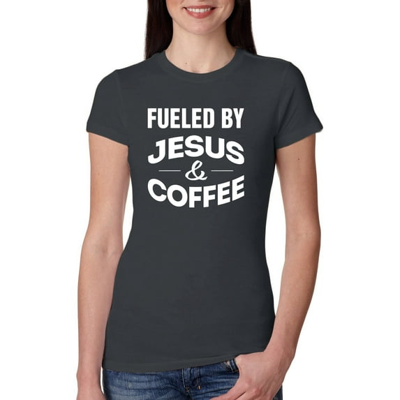 Fueled by Jesus and Coffee Funny Christian | Womens Inspirational/Christian Slim Fit Junior Tee, Dark Grey, 2XL