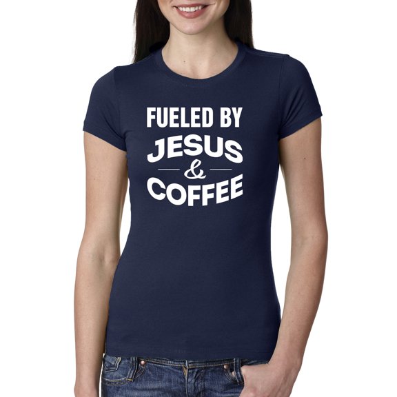 Fueled by Jesus and Coffee Funny Christian | Womens Inspirational/Christian Slim Fit Junior Tee, Navy, 2XL