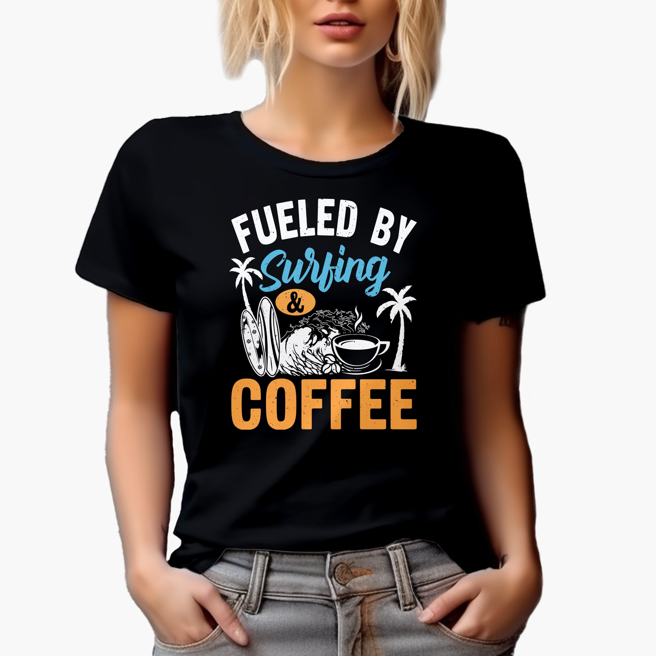 Fueled by Surfing & Coffee, Surfer, Black T-Shirt, Medium