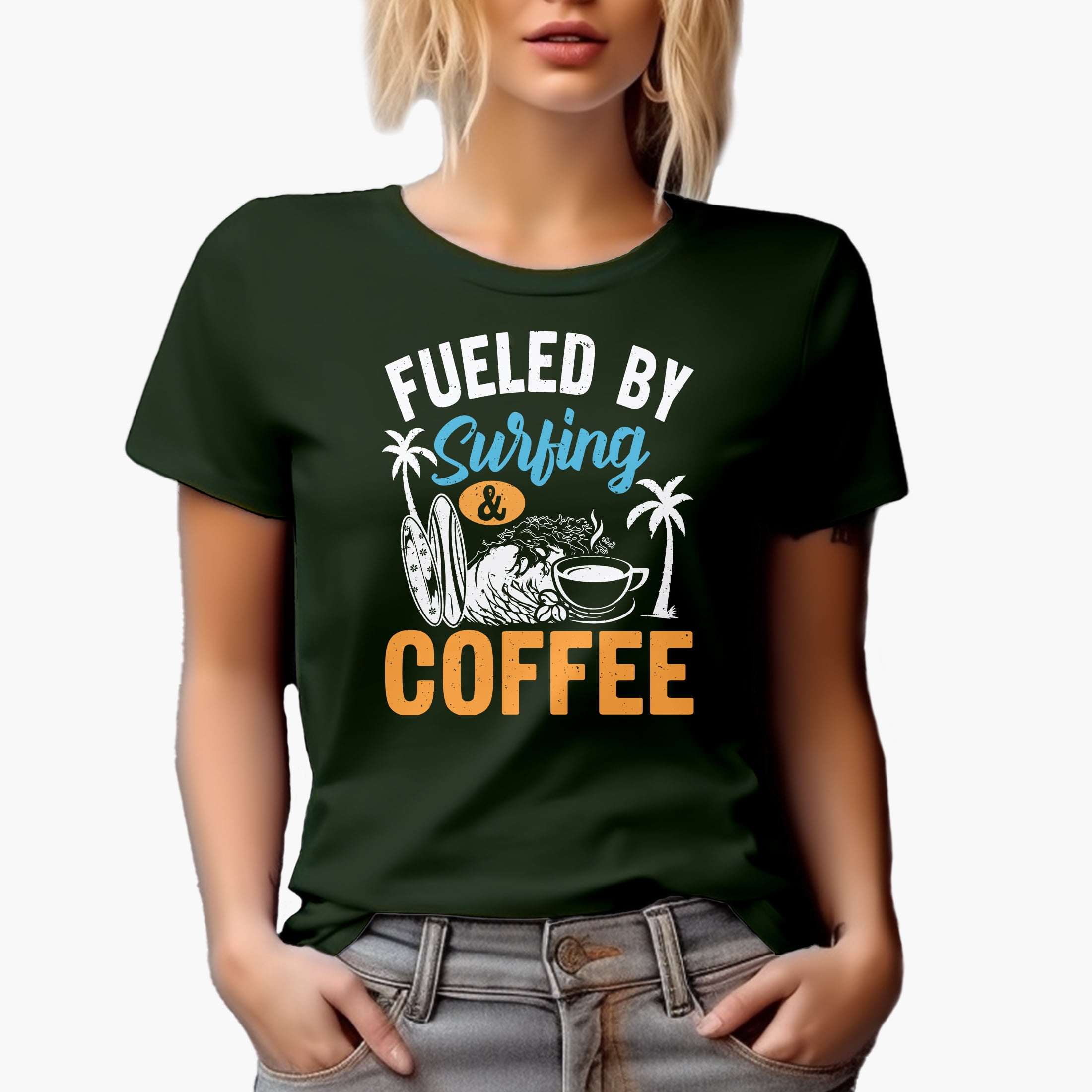 Fueled by Surfing & Coffee, Surfer, Military Green T-Shirt, Small