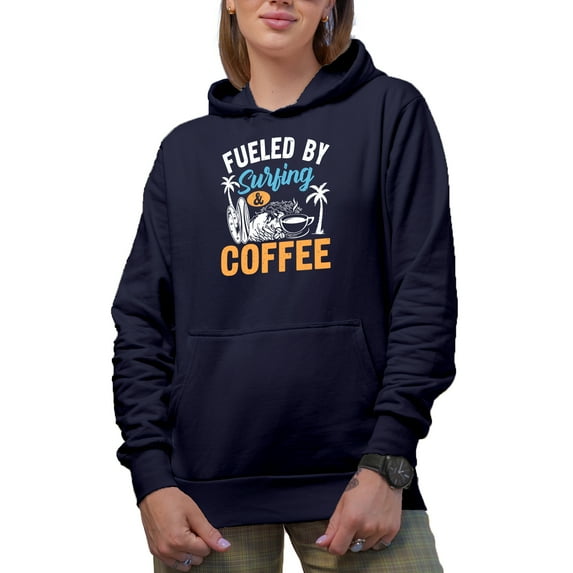 Fueled by Surfing & Coffee, Surfer, Navy Blue Hooded Sweatshirt or Hoodie, 2XL