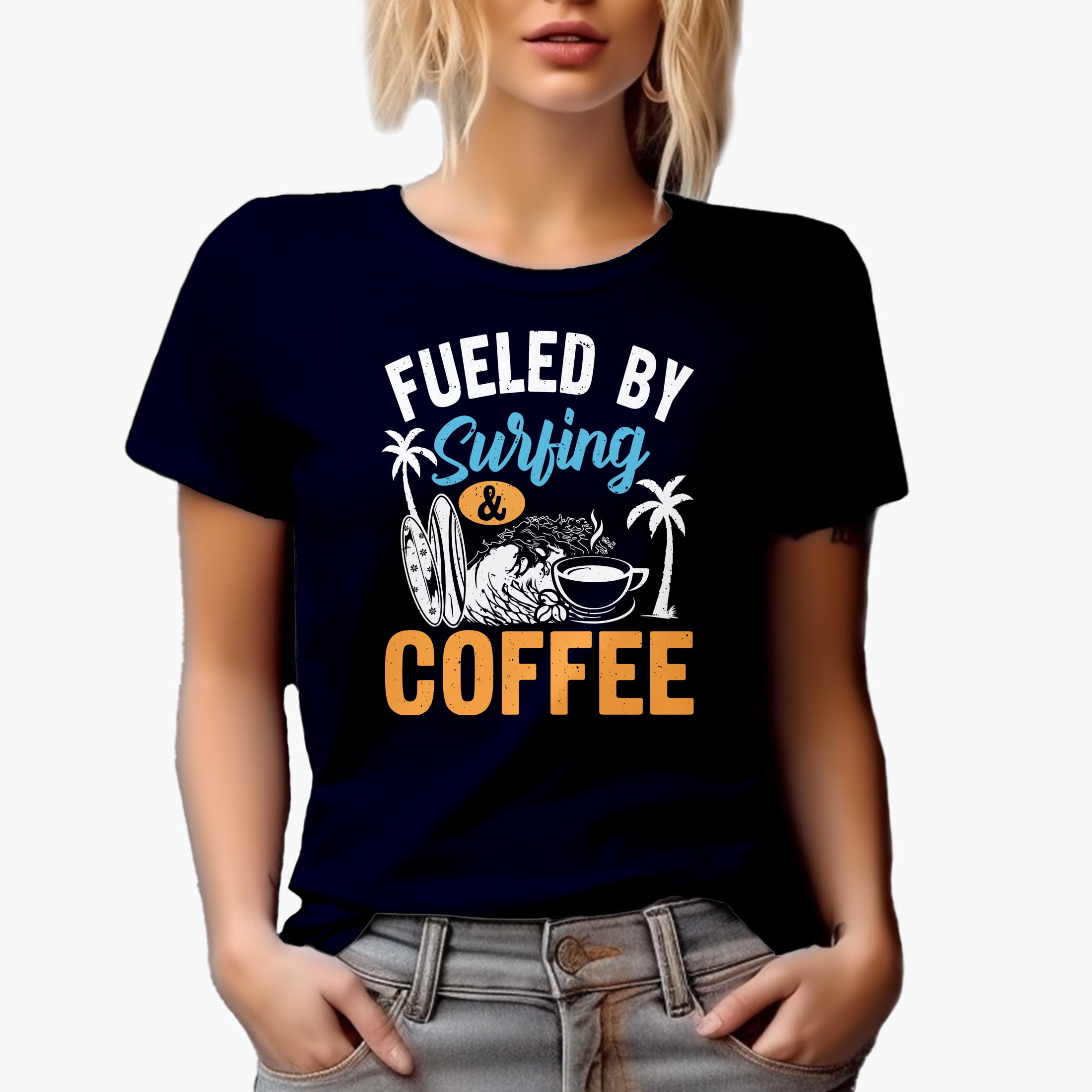 Fueled by Surfing & Coffee, Surfer, Navy Blue T-Shirt, XL