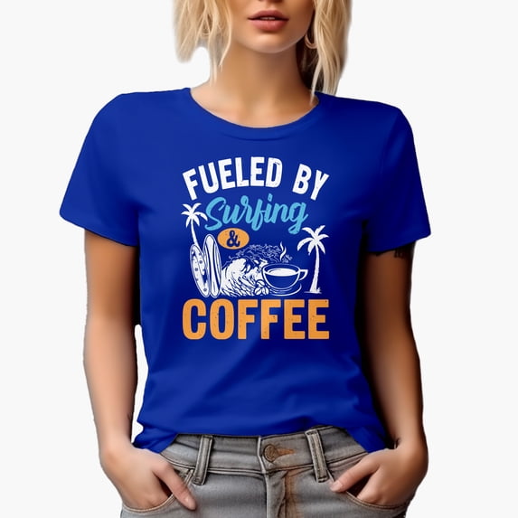 Fueled by Surfing & Coffee, Surfer, Royal Blue T-Shirt, Small