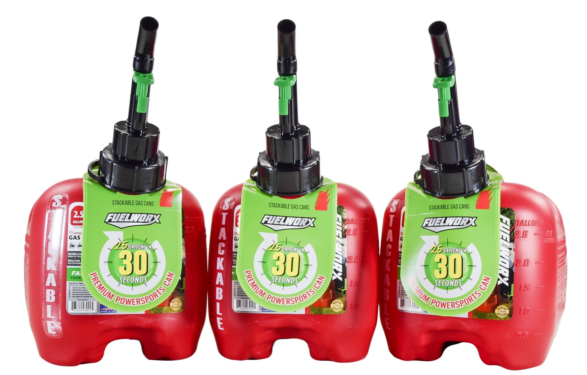 Fuelworx Made In The USA Red CARB Compliant, Stackable, & Easy Pour Gas Fuel Can Three Pack