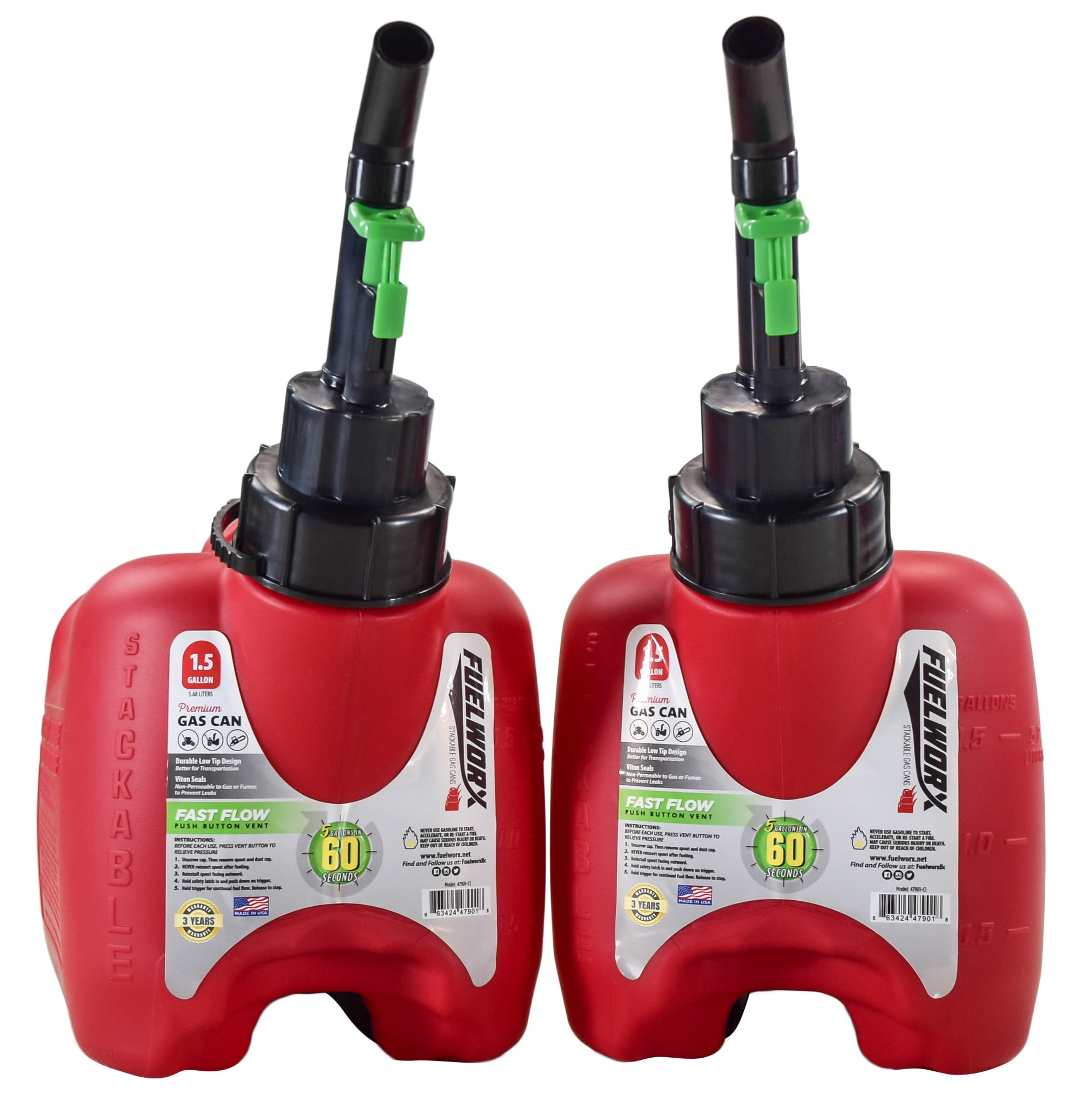 Fuelworx Made In The USA Red CARB Compliant, Stackable, & Easy Pour Gas Fuel Can Two Pack (Two 1