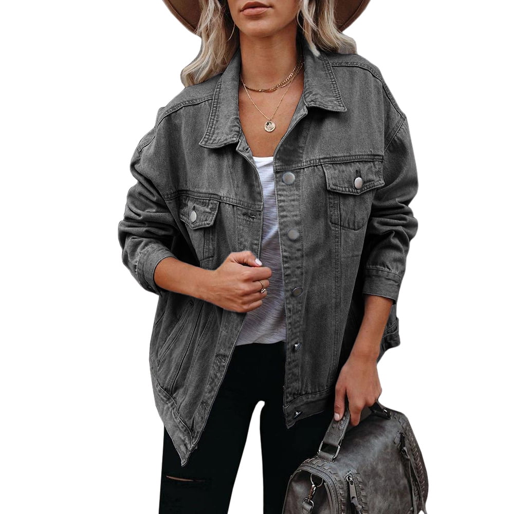 Fueri Women's Boyfriend Denim Jacket Washed Blue Long Sleeve Jean