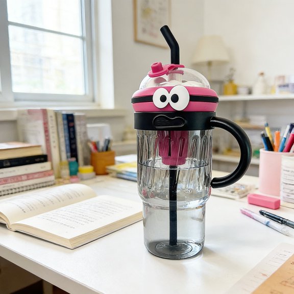 Fufafayo 1200ML Large Capacity Water Bottle, Portable Plastic Straw Cup, Uncomplicated Summer Hydration, Cute Big Eye Layout Desk Decor, Reusable Drinkware for Office Gym Travel