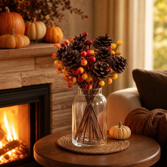 Fufafayo 18 Piece Thanksgiving Fall Floral Arrangement, Maple Gourd Berry Set, Realistic Artificial Autumn Decoration for Home Mantel Party, Crisscross Border Table Centerpiece