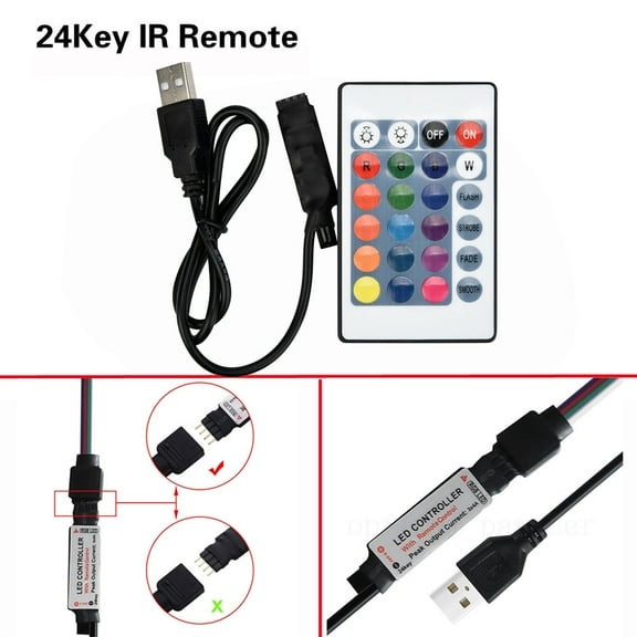 Fufafayo 24 Key RGB LED Strip Remote Controller, IR RF Wireless Remote Control for 3528 5050 LED Lights, USB DC12V Power Supply, Decorative Lighting Accessory for Bedroom, Living Room or Gaming Room,