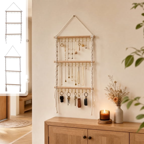 Fufafayo 2Pcs Boho Wall Jewelry Organizer, Handmade Woven Display Rack with Wood Bar, Earring Necklace Bracelet Storage Holder, Decorative Wall Hanging for Living Room Bedroom