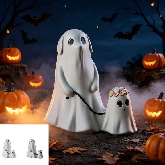 Fufafayo 2Pcs Halloween Dog Walking Ghost Resin Ornament, Cute Spooky Desktop Figurine, Ghost Dog Walker Sculpture Decor for Shelf Mantel Home Tabletop