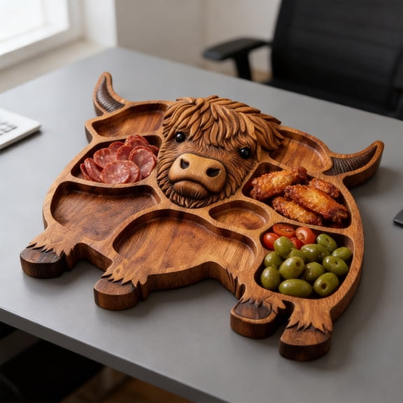 Fufafayo 2Pcs Highlands Cow Charcuterie Board, Wooden Cheese Tray, Rustic Farmhouse Decor, Cow-Shaped Serving Platter for Snacks, Cheese, Crackers, Party, Kitchen, Dining Room