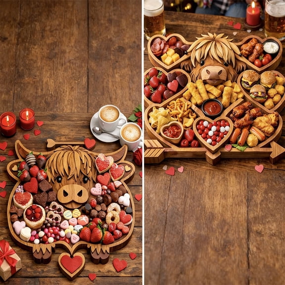 Fufafayo 2Pcs Holiday Dinner Charcuterie Board, Wooden Cow Serving Tray, Rustic Farmhouse Kitchen Decor, Cheese Platter For Thanksgiving Christmas Party, Highland Cattle Cooked Food Tray For