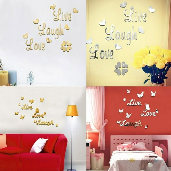 Fufafayo 2Pcs Live Laugh Quote Wall Stickers, Removable Mirror Decals, Acrylic Wall Art Stickers, DIY Room Decoration, Gold Silver Mirror Stickers, Motivational Wall Decals, Living Room Wall Decor