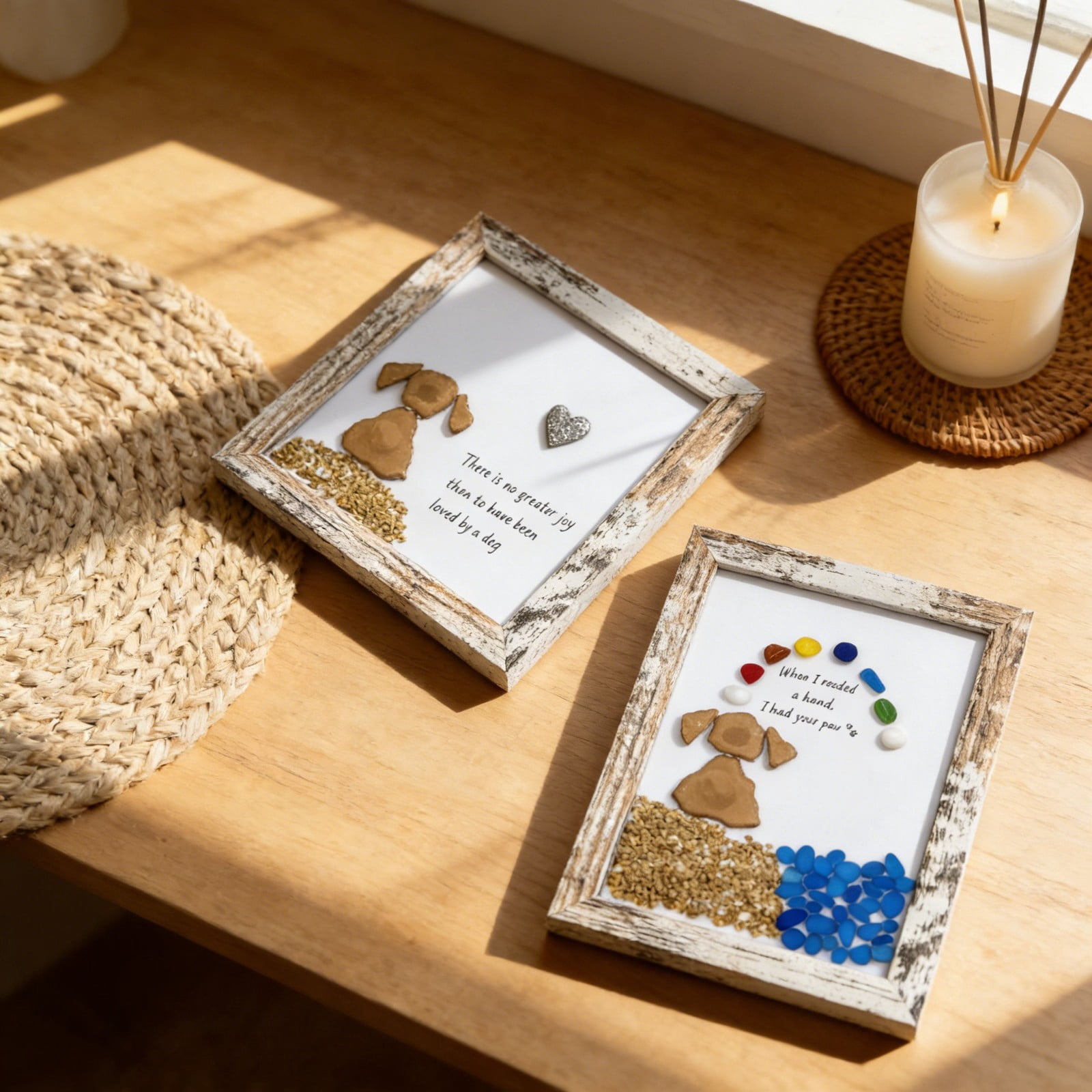 Fufafayo 2Pcs Pet Memorial Art Framed Wall Decor, Sea Glass Dog Art Sympathy Gift, When I Needed A Hand I Had Your Paw Beach Decor For Dog Lovers Pet Loss