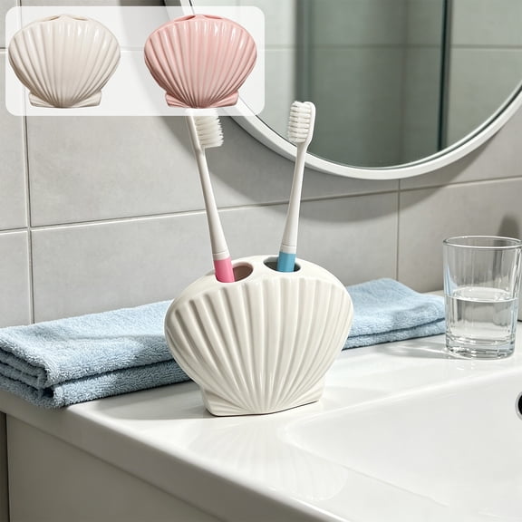 Fufafayo 2Pcs Shell Toothbrush Holder For Bathroom Sink, Ceramic Seashell Style Draining Water Storage Rack, Sea Decor Bathroom Accessories No Drilling, Cute Toothbrush Organizer For Vanity Counter