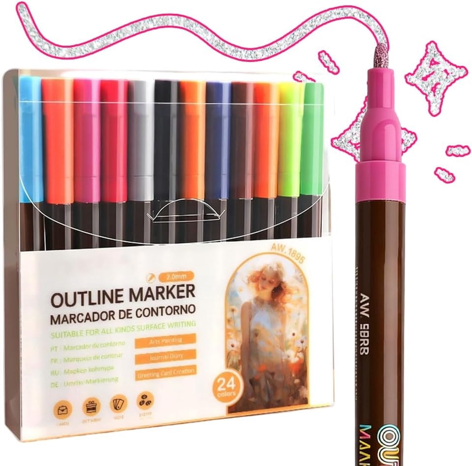 Fufafayo 3Pcs Double Line Pen Set, Dual Tip Outline Markers and Metallic Glitter Pens for Black Paper, Journaling, Drawing and Scrapbooking, Art Supplies for Diaries, Journals or Sketchbooks,